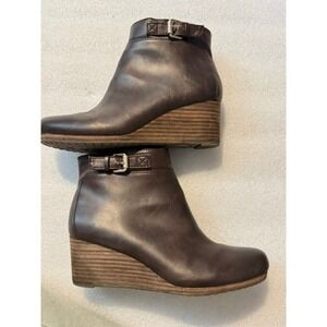 Dr. Scholls Daina Womens 7M Brown Wedge Ankle Boots Faux Leather Buckle Booties
